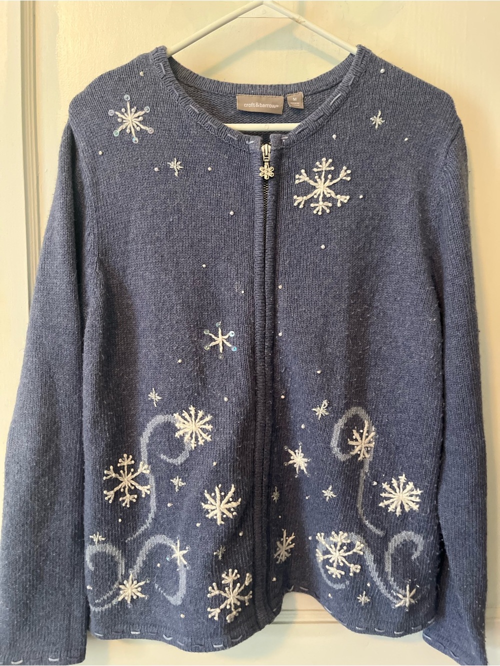Vintage Croft & Barrow Blue Snowflake Beaded Zip-Up Cardigan Sweater ❄️